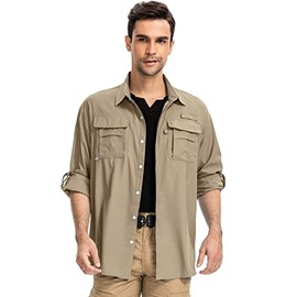 Anteef Mens Long Sleeve UV Protection Hiking Fishing UPF 50+ Quick Dry Safari Camping Travelling Shirts (Small, Khaki)