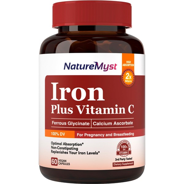 NatureMyst Gentle Iron Supplement for Women Men, 27mg Iron Bisglycinate