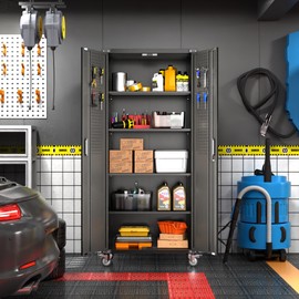 Aobabo 72" H Metal Garage Storage Cabinet with Wheels, Locking Metal Storage Cabinet with 4 Shelves and 2 Pegboards, Rolling Tool Storage Cabinet on Wheels, Assembly Required, Black…