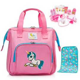 HappyVk - Baby Doll Diaper Bag With Changing Pad and Accessories Set - Handbag for Girls - Unicorn Embroidery