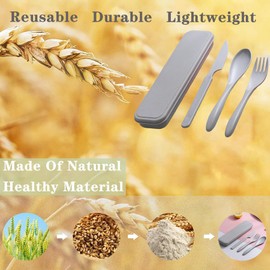 Reusable Travel Utensils with Case, Wheat Straw Portable Plastic Fork Spoons Knife Tableware, Eco-Friendly BPA Free Camping Cutlery for Lunch Box Accessories Work Picnic or Daily Use (Gray)