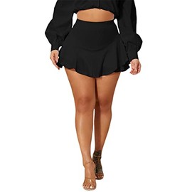 WDIRARA Women's High Waist Ruffle Hem Skort Stretch Casual Skirt Shorts Black Plain S