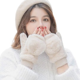 Laise Faux Fur Gloves, Cute, Mitten-Type, Fingerless Gloves, Knit, 2-Way, Folding Hood, Fluffy, Thick Lining Boa, Cold Protection, Outdoor, Beige
