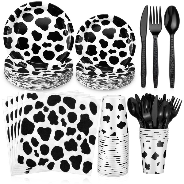 Irenare 420 Pieces Cow Print Disposable Tableware 7 Inch 9 Inch Cow Party Paper Plates Napkins Paper Cups Plastic Spoons Forks Knives for Cow Farm Theme Birthday Party Decorations Supplies, Serves 60