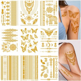 Lezed 9 Blatt Gold Temporäre Tattoos,Metallic Festival Accessoires,Erwachsene Party Zubehör, Wird Für Alltägliche Accessoires Für Mädchenfeiertagsfeiern Verwendet.