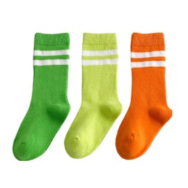 ZGKULAEAOW 2-Line Socks, Kids' Baby Socks, Border Socks, Long, Mesh, Boys, Girls, High Socks, Plain, Sports Festival, Play, Black, White, Vibrant Colors, Orange + Green + Neon Green