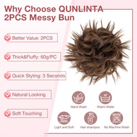 Qunlinta 2 PCS Large Messy Bun Hair Piece, Thick Tousled Updo Wavy Curly Hair Bun Scrunchies Extensions Synthetic Chignon Updo Hairpieces for Women Girls Light Brown
