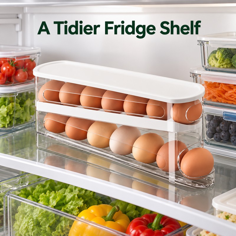 Automatic Rolling Egg Holder for Refrigerator Storage – 2-Tier Space-Saving