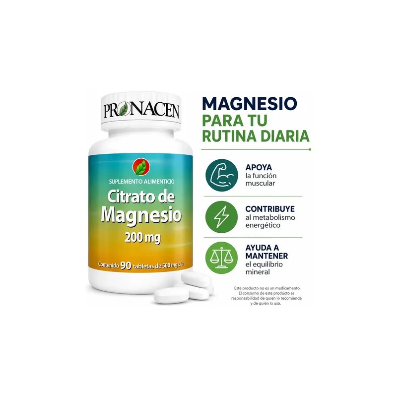 Citrato Magnesio Pronacen Tabletas 200 Suplemento Alimenticio 500 Presentacion Frasco