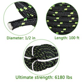findmall 1/2 Inch Polyester Rope Double Braid Pulling Ropes for Swing Tree Work Black 150 Feet