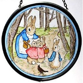 Winged Heart Decorative Hand Printed Stained Glass Window Sun Catcher/Roundel in Beatrix Potter's Mrs Rabbit with Flopsy Bunnies and Peter in the Wood Design