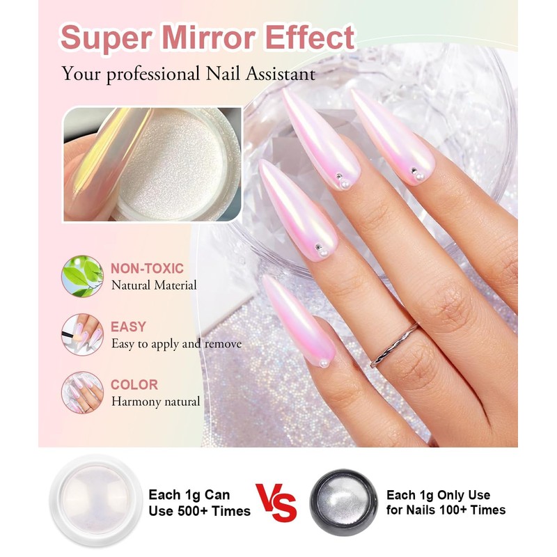 4 Boxes White Pearl Chrome Nail Powder - BISHENGYF Glazed