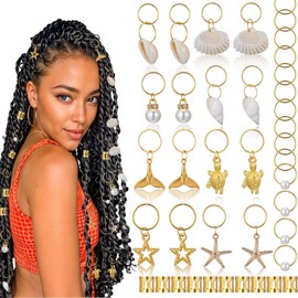 40Pcs Seashell Hairs Clip Gold Hair Cuffs Charms Rings for Braid, Gold Hair Jewelry for Braids, Loc Dreadlock Accessories for Braids Black Women Men Festival Pirate Jewelry Decorations