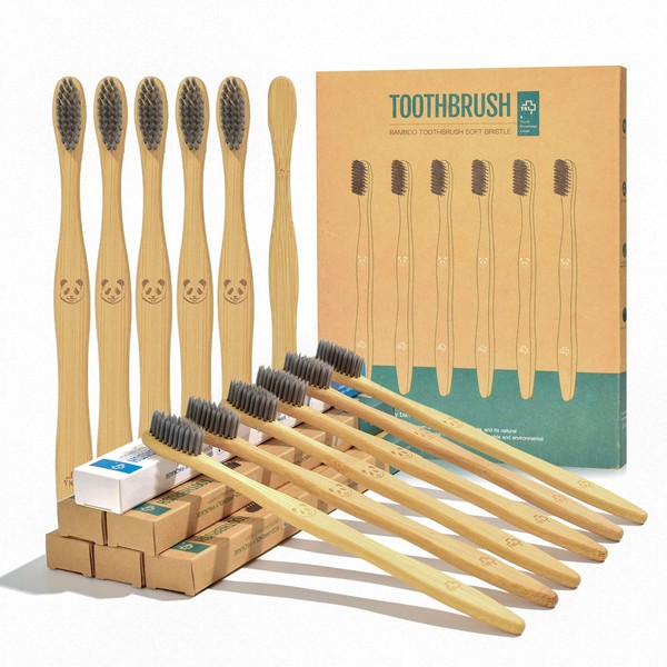 Pack of 12 Environmentally Friendly Charcoal Toothbrushes Natural Bamboo Biodegradable Toothbrush with Soft Bristles (Pack of 12)