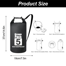 Dry Bag Waterproof Bag, 5L Waterproof Dry Bag, Waterproof Pack Sack with Adjustable Shoulder Strap, Waterproof Bag & Pack Bag, Ideal for Boat, Kayak, Fishing and Camping, Black, black, Travel