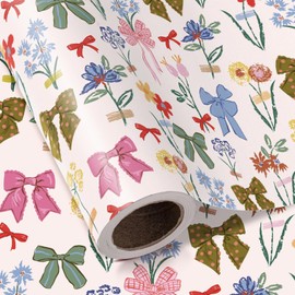 WRAPAHOLIC Bows Floral Wrapping Paper Roll - Mini Roll - 17 Inch x 16.5 Feet - Bows with Wild Flowers Wrapping Paper Perfect for Girl Birthday, Mother's Day, Baby Shower, Wedding