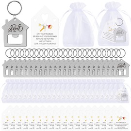 24/48/100/150/200 Set New Home Keychain Bulk Sweet Home House Shaped Key Chain Gifts Beer Bottle Opener with Organza Bags and Blessing Cards for Real Estate Family Client Home Buyer Customer