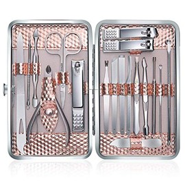 Manicure Set Professional Nail Clippers Kit Pedicure Care Tools-Stainless Steel Women Grooming Kit 18Pcs With PU Leather Case for Travel or Home(Rose Gold)