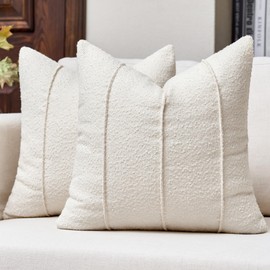 QoBexim Textured Boucle Throw Pillow Covers 18x18 Inch Set of 2, Soft Neutral Striped Decorative Pillow Cover, Beige Accent Solid Cozy Cushion Covers for Modern Farmhouse Sofa Bed Room Home Decor
