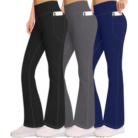 AENLLEY Girls Stretchy Flare Yoga Pants with Pockets - High Waisted Wide Leg Activewear for Kids Pack of 3 Black/Grey/Navy