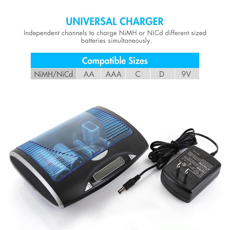 Tenergy T9688 Universal LCD Battery Charger and 12 AA and