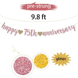 ZOZZEIBE Happy 75TH Anniversary Banner Sign Rose Gold Paper Glitter Party Decorations for 75TH Wedding Anniversary Party Supplies Letters Pre-Strung