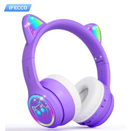 IFECCO  Kids Headphones Cartoon Face Wireless Childrens Headset LED Indicator Cat Ear Fun Design Colorful Choicescolor: Purple, model number: S28