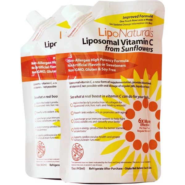 Lipo Naturals Liposomal Vitamin C 1000mg Liquid (2-Pack 60 Doses) - Natural Formula Immunity + Energy Support - Vegan, China-Free (15oz / 443ml ea.)