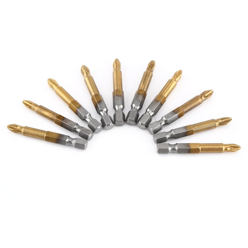 10 Titanium-Plated Non-Slip Bits 50Mm Long (Ph2 Head Type) PH2