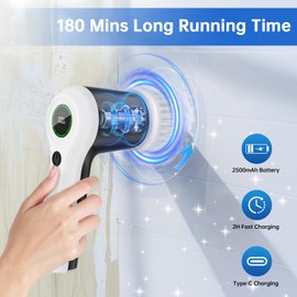 PUFTEM Electric Spin Scrubber, Cordless Shower Scrubber with Battery Level Display, 2 Speeds Electric Scrubber for Cleaning with 6 Replaceable Heads, Cleaning Brush for Bathroom/Sink/Window