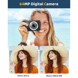 Digital Camera, 4K 64MP Compact Camera with 32GB Card 16X Digital Zoom 2.4 Inch Large Screen Camera Digital Camera for Children Beginners Teenagers (Black)