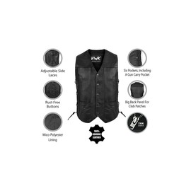 HWK Leather Motorcycle Vest for Men and Women with Concealed Carry Gun Pocket, Black Genuine Leather Vest with 100% Polyester Lining for All-Weather Enduro Motocross Motorbike Riding, 6XL