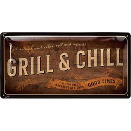 LANOLU Retro Tin Signs for Grilling – Grill and Chill Lounge – BBQ Grill Retro Decoration – Barbecue Area Sign Garden – Gift for Dad's Barbecue Corner Sign, 17 x 34 cm