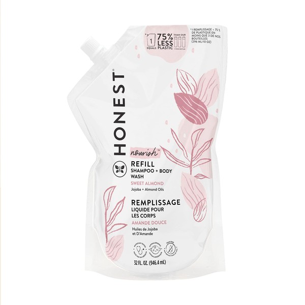 The Honest Company 2-in-1 Cleansing Shampoo + Body Wash Refill Pouch | Gentle for Baby | Naturally Derived, Tear-free, Hypoallergenic | Sweet Almond Nourish, 32 fl oz