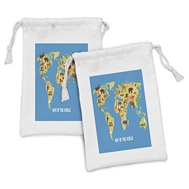 Ambesonne Map Print Fabric Pouch Set of 2, Flat Map of World Animals Living in Different Parts of Continents, Small Drawstring Bag for Toiletries Masks and Favors, 9" x 6", Pale Orange Brown and Blue