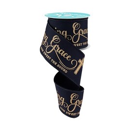 Black Amazing Grace Gold Script Wired Edge Ribbon (2 1/2 inches x 10 Yards) Floral Arrangement, Crafting, Fabric, Bow Wreath, Easter, Sympathy Gift Wrapping