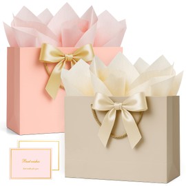 ANZNKU 2 Pack Gift Bags, Premium Gift Bags with Handles with 2 Ribbon 4 Tissue Paper 2 Greeting Cards, Large Present Wrap Bag for Birthday, Baby Shower, Wedding, Party Favor(Champagne Beige& Pink)