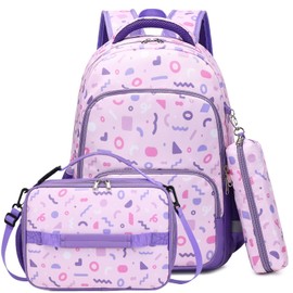 mygreen 3PCS Kids Backpack Set - Waterproof Bookbag with Lunch Box for Girls Ages 3-12, Adorable Cartoon Prints for School & Outdoor Use Purple