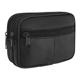 Men's Black Leather Waist Bag with Fixed Belt Loop, Money Belt