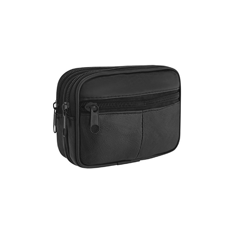 Men's Black Leather Waist Bag with Fixed Belt Loop, Money