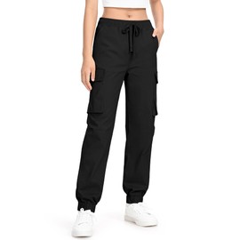 KEREDA Girls Cargo Pants Jogger Elastic Waist Drawstring with Pockets Uniform Pants Clothes for Teen Girls Black 11-12 Years