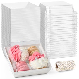 ZORRITA 50 Pack 5 Inch Paper Charcuterie Boxes with Clear Lids, Square To Go Cake Slice Containers Small Bakery Boxes for Dessert, Cookies, Sandwich, Strawberries (White)