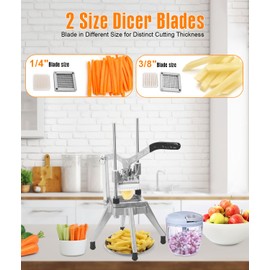 BotaBay Commercial Vegetable Fruit Chopper 1/4″&3/8″ Blade Heavy Duty Professional Food Dicer Kattex French Fry Cutter Onion Slicer Stainless Steel For Tomato Peppers Potato Mushroom, Silver