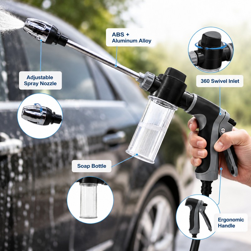 Car Wash Water Gun for Garden Hose – Adjustable Long-Reach