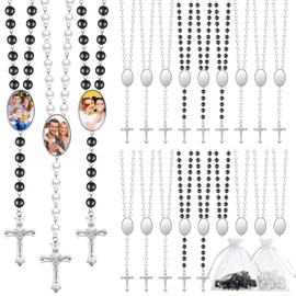 Taiyin Sublimation Blanks Rosary Beads Necklace Set Catholic Rosaries Printable Insert Rosary Necklace Prayer Beads with Sheer Organza Bags for Baptism Women Men Jewelry Gifts DIY Making(24 Set)