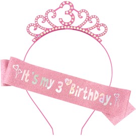 Canitor 3rd Birthday Girl Headband Crown Tiara and Sash for 3 Year Old Girl Gifts Birthday Party Decorations Threenager Hat for Princess Outfit Dress