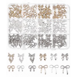 WOKOTO 1 Box Metal 3d Bow Nail Charms For Women Acrylic Nails, 96 Pcs Gold, Silver & Nickel Color Bow Tie Nail Charms And Decorations, 4 Style Nail Bow Gems For Nails Jewelry Nail Art Charms