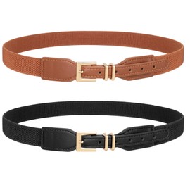 JASGOOD Women 2 Pack Skinny Elastic Belts for Dresses Ladies Thin Stretchy Belts with Square Gold Buckle（Black+Brown）