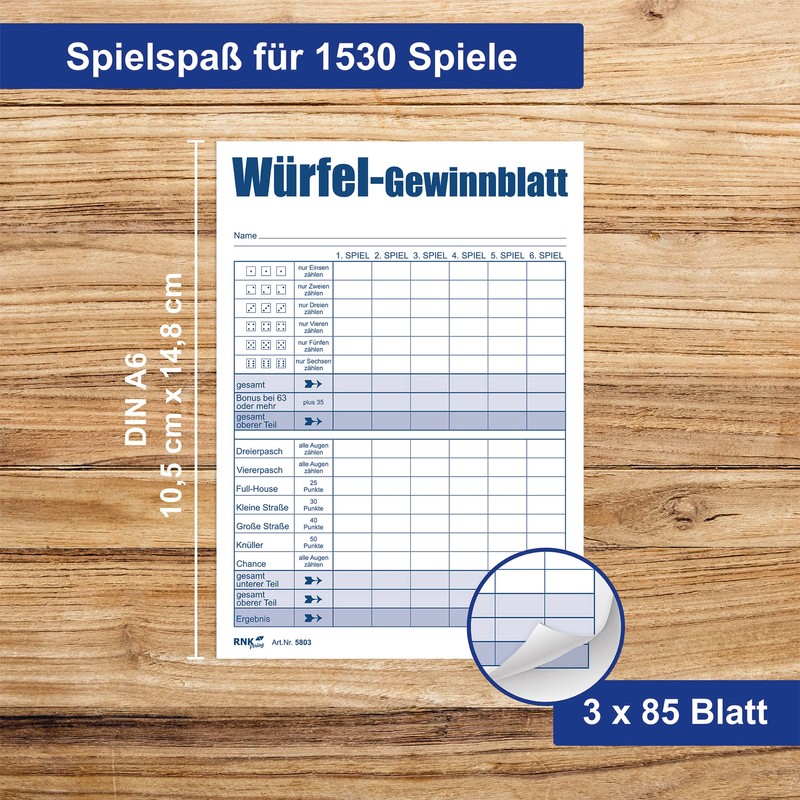 RNK 5803 – Dice Game Winning Sheet Block, A6, 3 x 85 Sheets