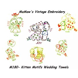 MaMaw's Vintage Embroidery M217 Wedding Kittens tea towels embroidery Hot Iron Transfer pattern
